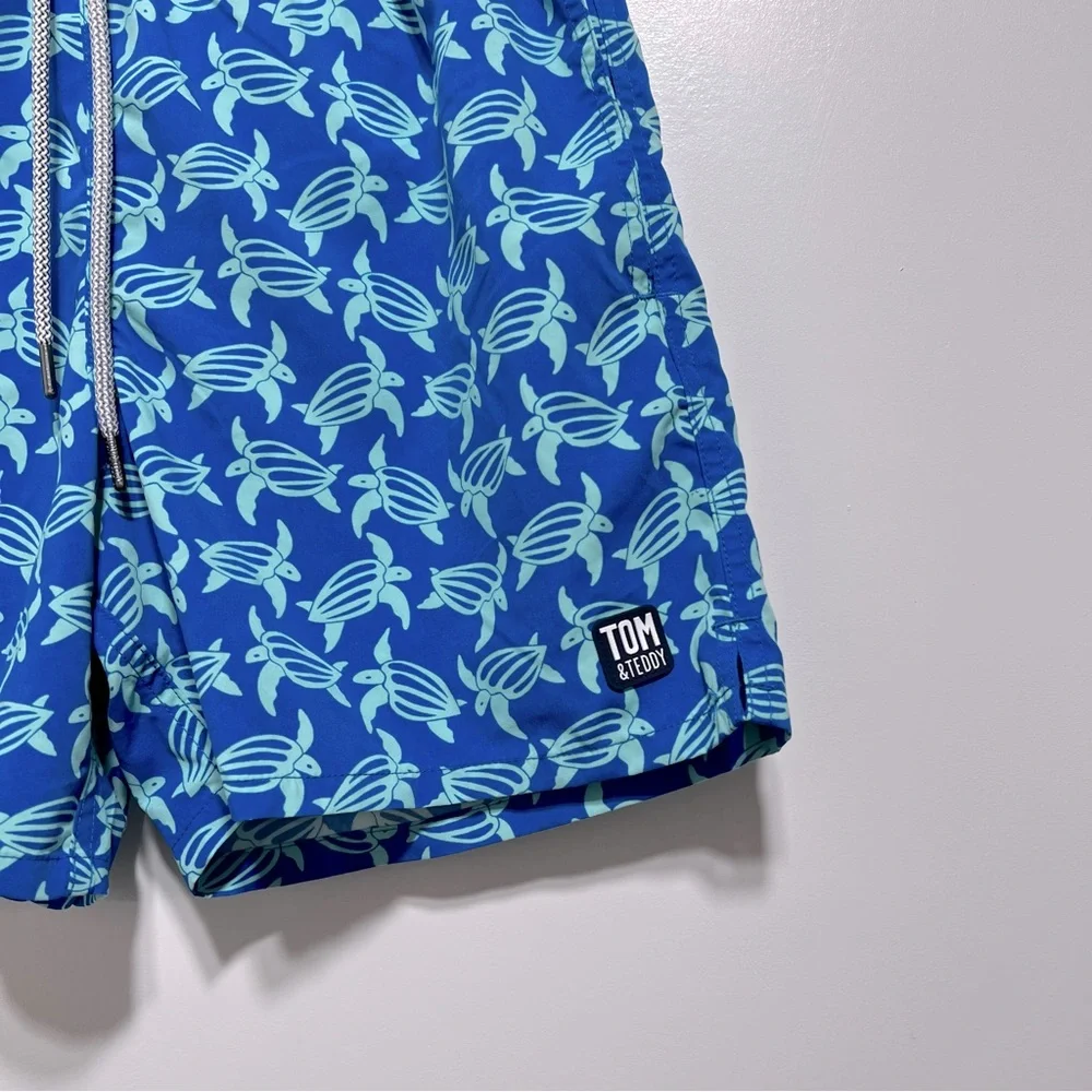 TOM & TEDDY Seahorse Print Swim Trunks Size S in Navy/ Pale Green NWT